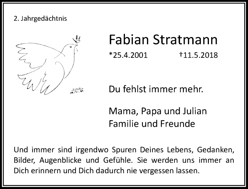  Traueranzeige für Fabian Stratmann vom 09.05.2020 aus Rheinische Post