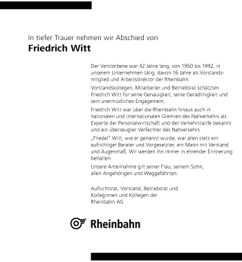 Traueranzeige von Friedrich Witt von Rheinische Post