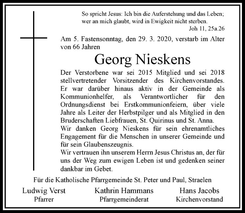  Traueranzeige für Georg Nieskens vom 08.04.2020 aus Rheinische Post