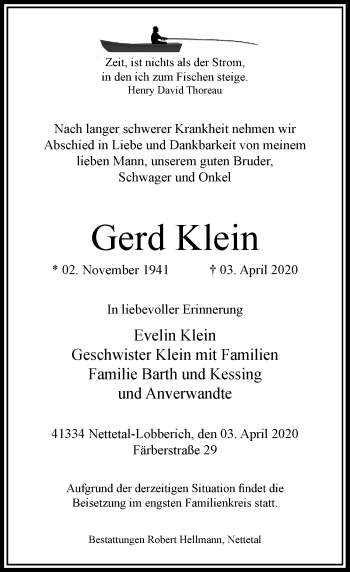 Traueranzeige von Gerd Klein von Rheinische Post