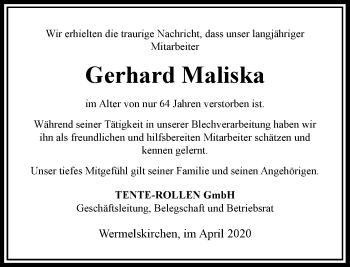 Traueranzeige von Gerhard Maliska von Rheinische Post