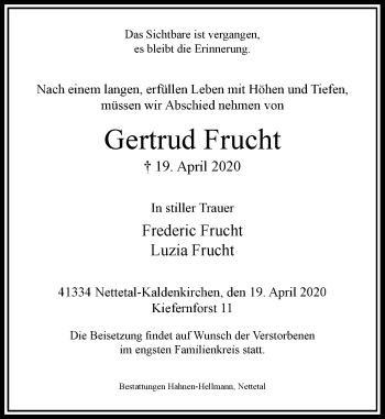Traueranzeige von Gertrud Frucht von Rheinische Post