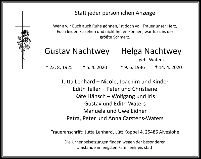  Traueranzeige für Gustav und Helga Nachtwey vom 18.04.2020 aus Rheinische Post