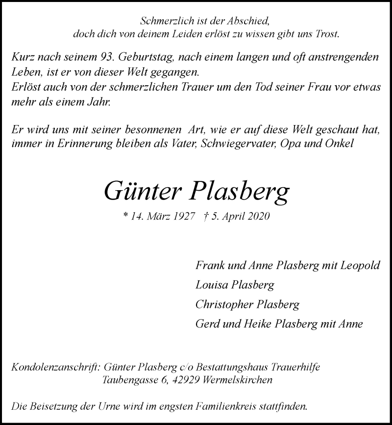  Traueranzeige für Günter Plasberg vom 11.04.2020 aus Rheinische Post