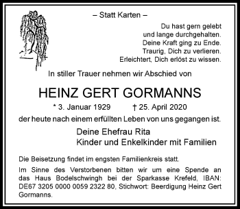 Traueranzeige von Heinz Gert Gormanns von Rheinische Post