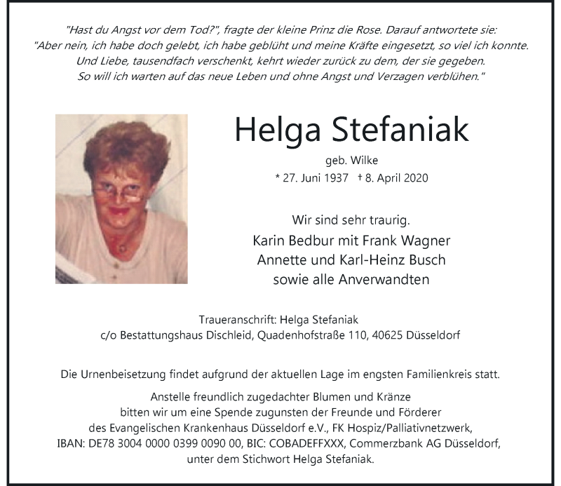  Traueranzeige für Helga Stefaniak vom 18.04.2020 aus Rheinische Post