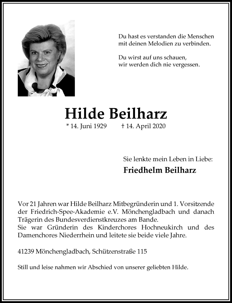  Traueranzeige für Hilde Beilharz vom 21.04.2020 aus Rheinische Post