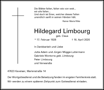 Traueranzeige von Hildegard Limbourg von Rheinische Post