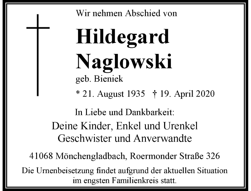  Traueranzeige für Hildegard Naglowski vom 25.04.2020 aus Rheinische Post