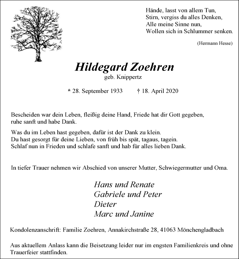 Traueranzeige für Hildegard Zoehren vom 22.04.2020 aus Rheinische Post