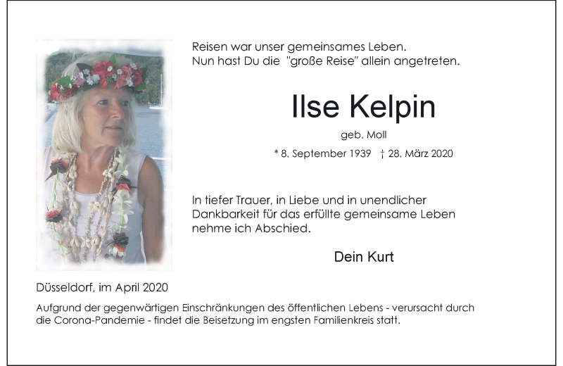  Traueranzeige für Ilse Kelpin vom 04.04.2020 aus Rheinische Post