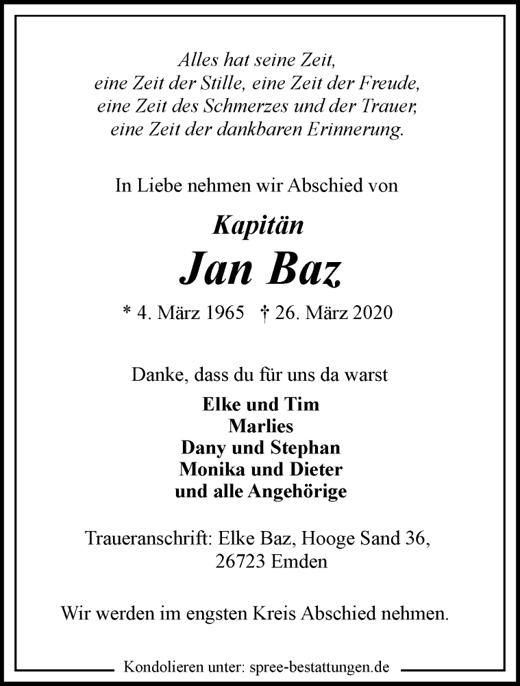  Traueranzeige für Jan Baz vom 01.04.2020 aus Rheinische Post
