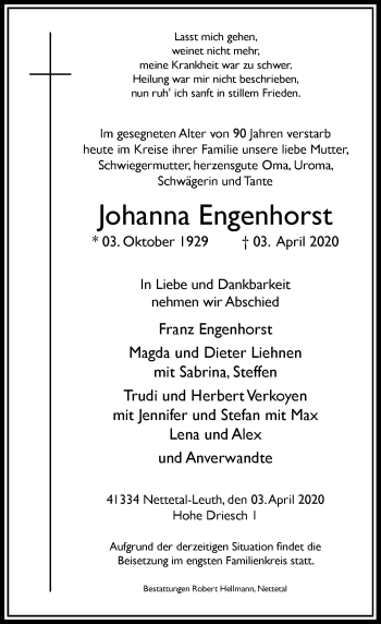 Traueranzeige von Johanna Engenhorst von Rheinische Post