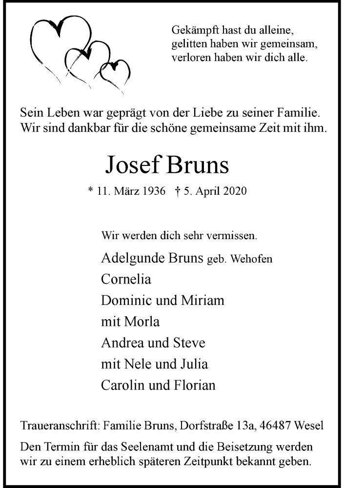  Traueranzeige für Josef Bruns vom 09.04.2020 aus Rheinische Post