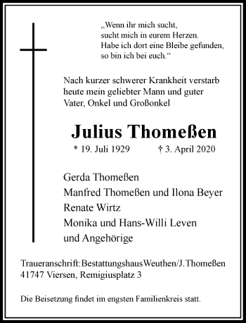 Traueranzeige von Julius Thomeßen von Rheinische Post