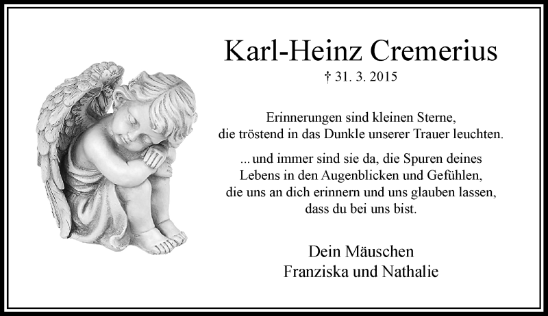  Traueranzeige für Karl-Heinz Cremerius vom 04.04.2020 aus Rheinische Post