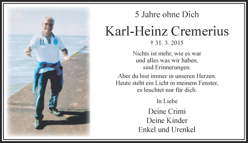  Traueranzeige für Karl-Heinz Cremerius vom 04.04.2020 aus Rheinische Post