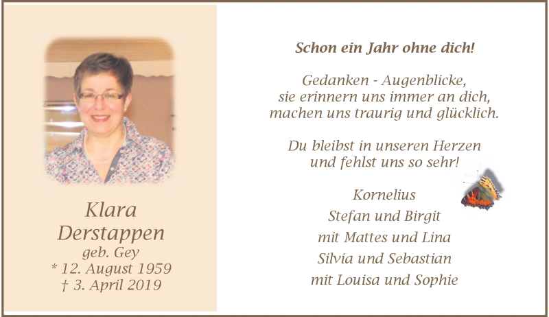  Traueranzeige für Klara Derstappen vom 04.04.2020 aus Rheinische Post
