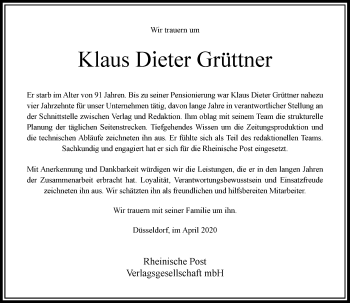 Traueranzeige von Klaus Dieter Grüttner von Rheinische Post