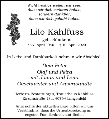 Traueranzeige von Lilo Kahlfuss von Rheinische Post
