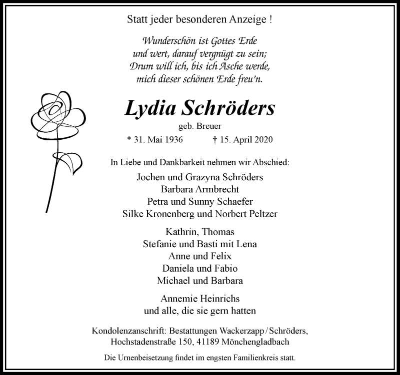  Traueranzeige für Lydia Schröders vom 25.04.2020 aus Rheinische Post