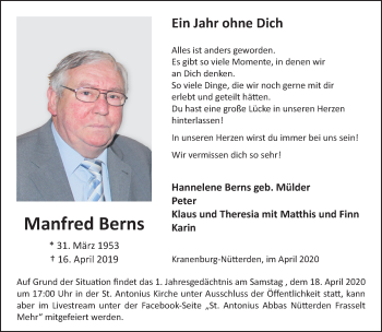 Traueranzeige von Manfred Berns von Rheinische Post