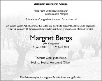 Traueranzeige von Margret Bergs von Rheinische Post