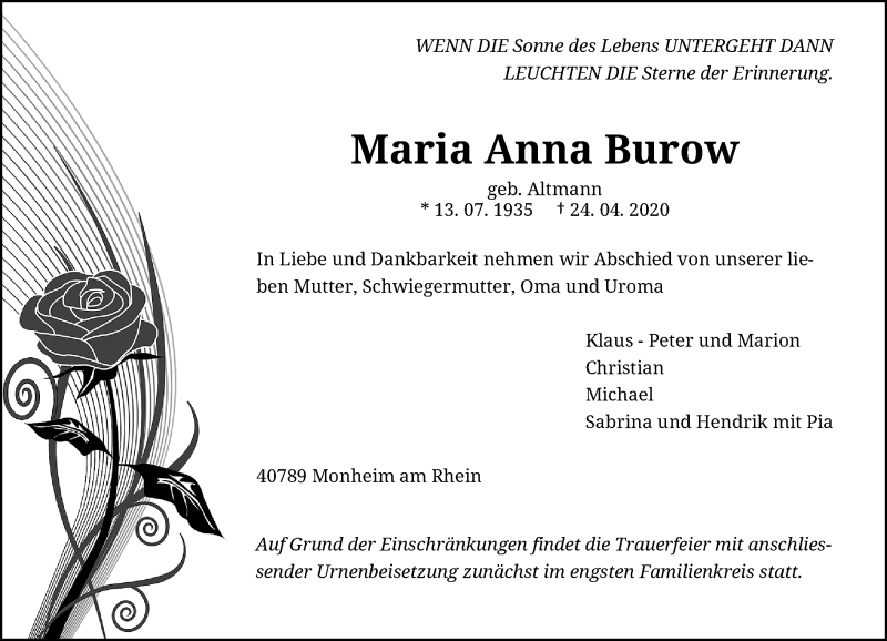  Traueranzeige für Maria Anna Burow vom 27.04.2020 aus Rheinische Post