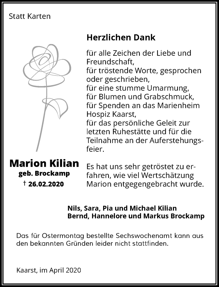  Traueranzeige für Marion Kilian vom 08.04.2020 aus Rheinische Post