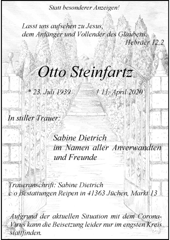 Traueranzeige von Otto Steinfartz von Rheinische Post