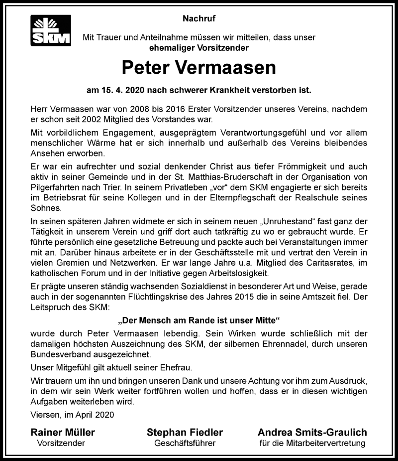  Traueranzeige für Peter Vermaasen vom 23.04.2020 aus Rheinische Post