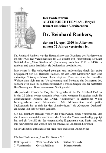 Traueranzeige von Reinhard Rankers von Rheinische Post