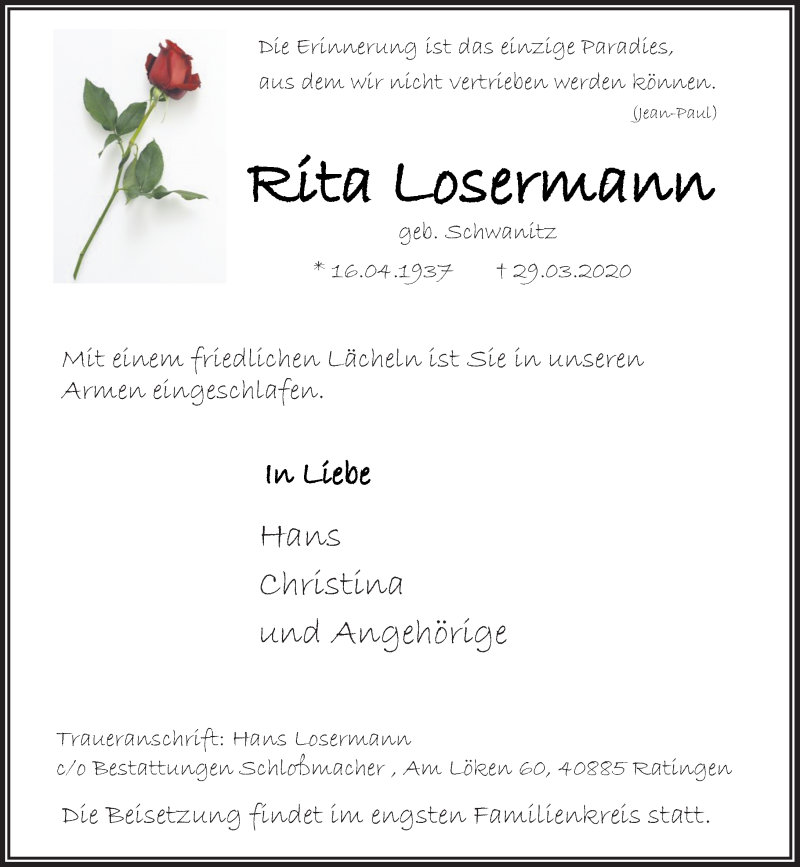  Traueranzeige für Rita Losermann vom 04.04.2020 aus Rheinische Post