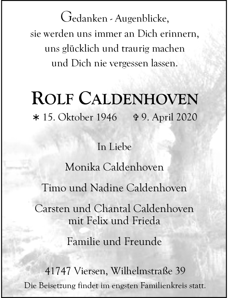  Traueranzeige für Rolf Caldenhoven vom 18.04.2020 aus Rheinische Post