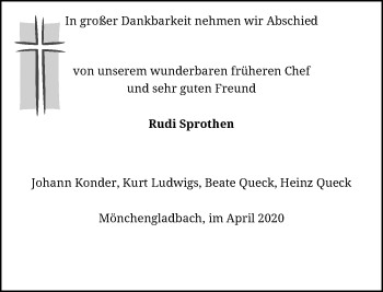 Traueranzeige von Rudi Sprothen von Rheinische Post