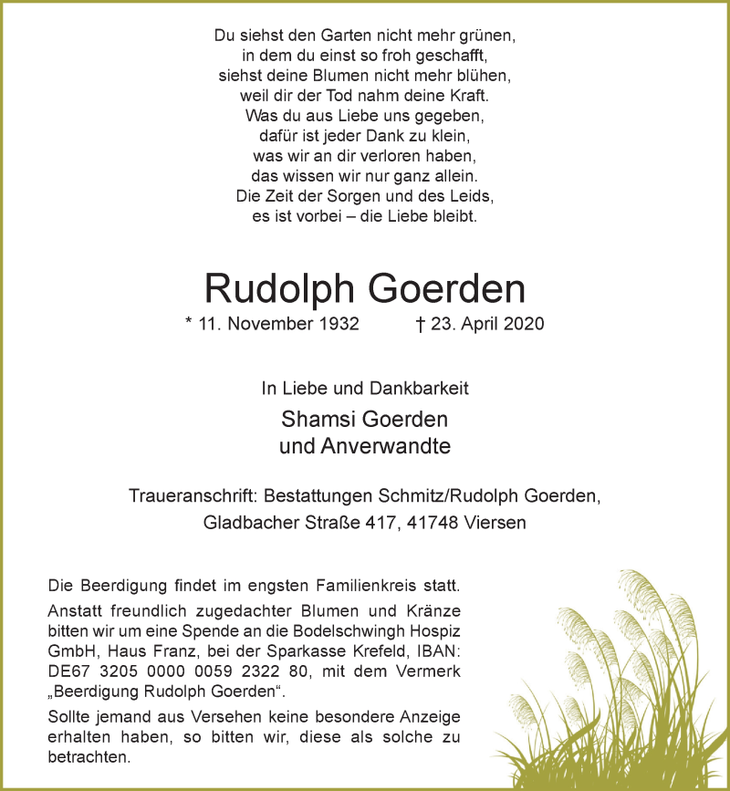  Traueranzeige für Rudolph Goerden vom 29.04.2020 aus Rheinische Post