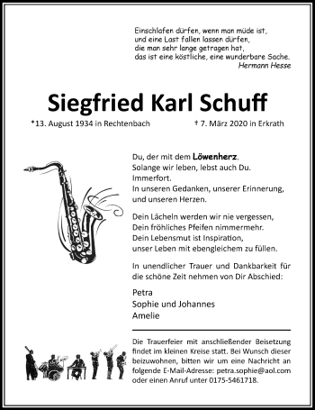 Traueranzeige von Siegfried Karl Schuff von Rheinische Post