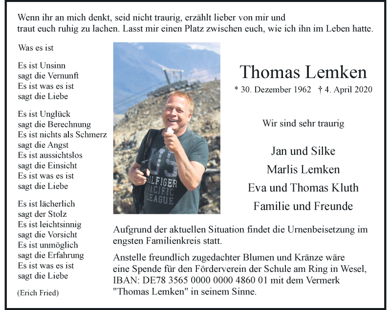  Traueranzeige für Thomas Lemken vom 15.04.2020 aus Rheinische Post