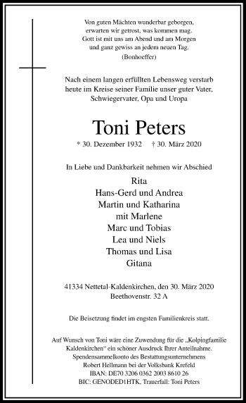 Traueranzeige von Toni Peters von Rheinische Post