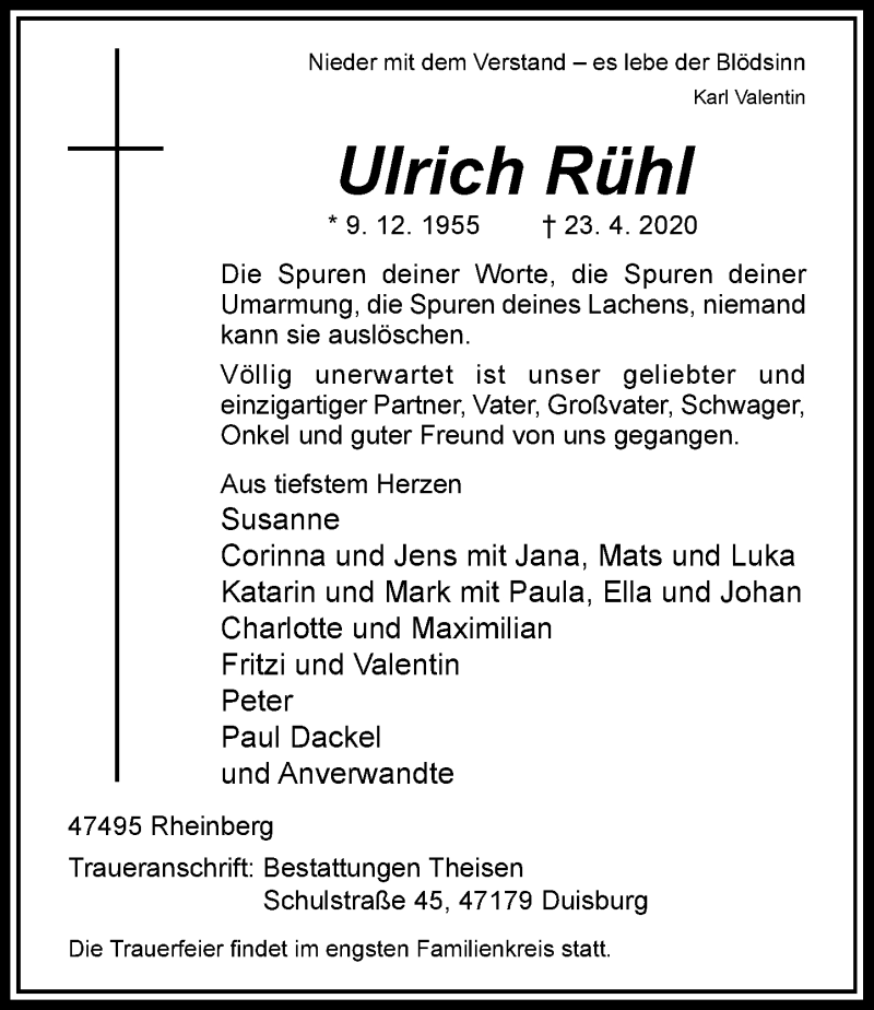  Traueranzeige für Ulrich Rühl vom 30.04.2020 aus Rheinische Post