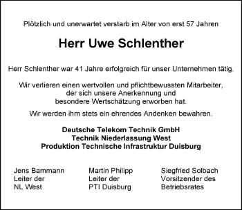 Traueranzeige von Uwe Schlenther von Rheinische Post