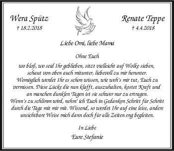 Traueranzeige von Wera Spütz & Renate Teppe  von Rheinische Post