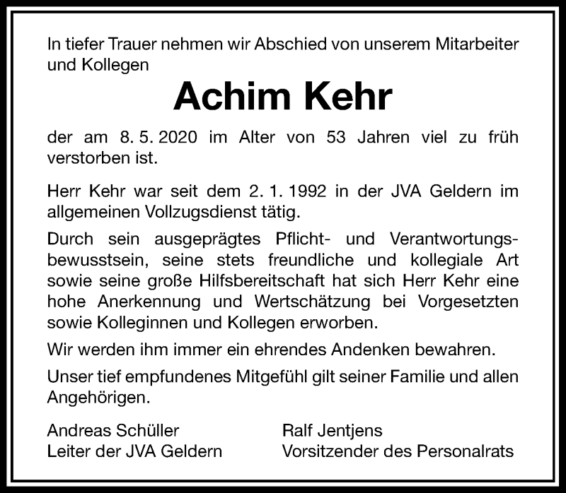  Traueranzeige für Achim Kehr vom 14.05.2020 aus Rheinische Post