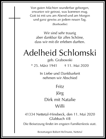Traueranzeige von Adelheid Schlomski von Rheinische Post