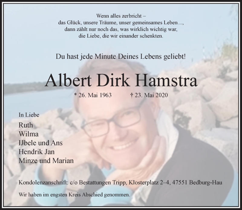  Traueranzeige für Albert Dirk Hamstra vom 30.05.2020 aus Rheinische Post