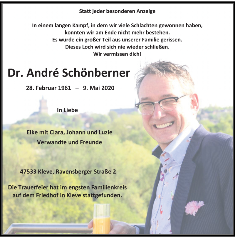  Traueranzeige für André Schönberner vom 16.05.2020 aus Rheinische Post