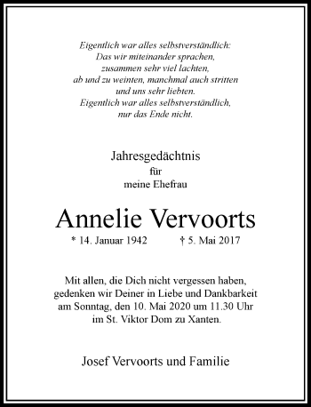 Traueranzeige von Annelie Vervoorts von Rheinische Post