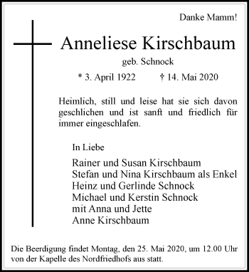 Traueranzeige von Anneliese Kirschbaum von Rheinische Post