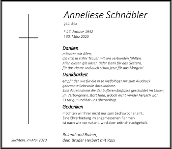 Traueranzeige von Anneliese Schnäbler von Rheinische Post