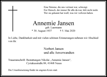 Traueranzeige von Annemie Jansen von Rheinische Post